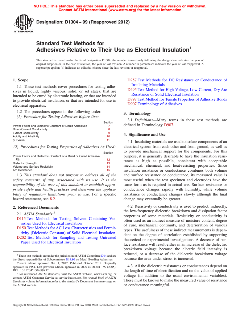 ASTM D1304-99(2012) - Standard Test Methods for  Adhesives Relative to Their Use as Electrical Insulation