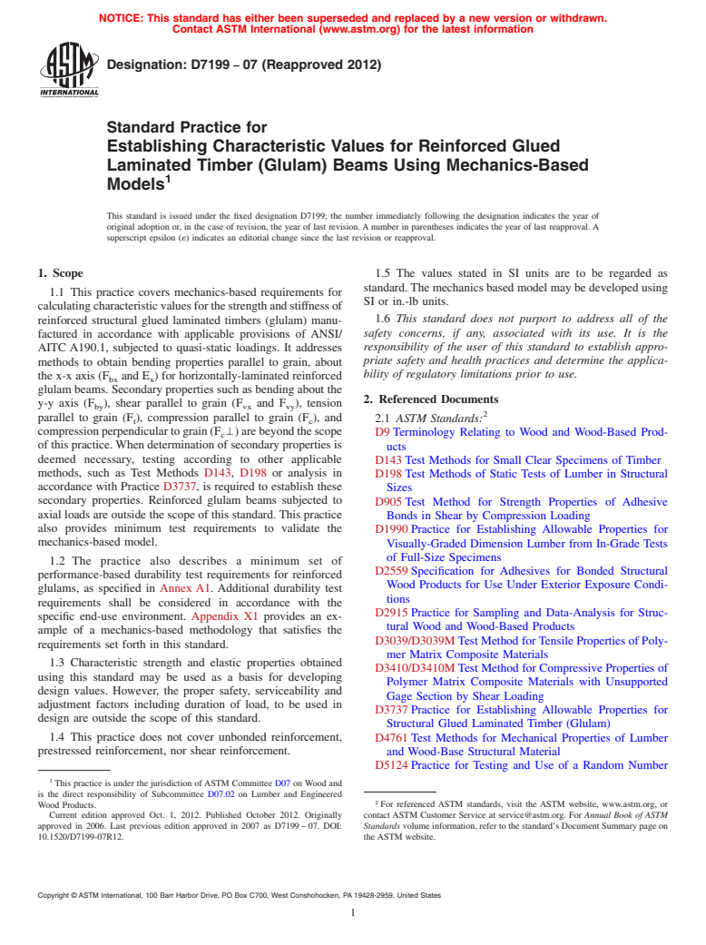 ASTM D7199-07(2012) - Standard Practice for Establishing Characteristic Values for Reinforced Glued Laminated Timber (Glulam) Beams Using Mechanics-Based Models