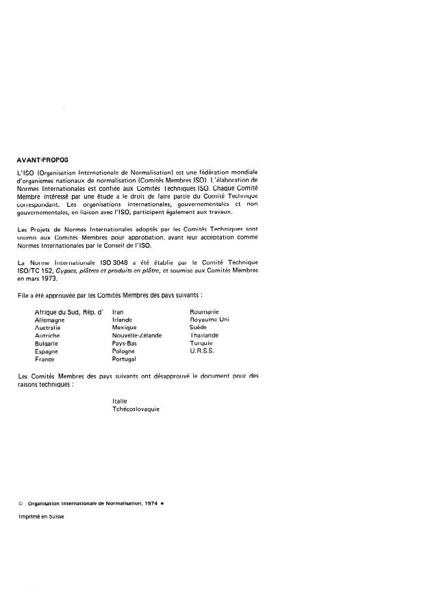 ISO 3048:1974 ISO 3048:1974 - Plâtres -- Conditions générales des essais - Page 2 preview