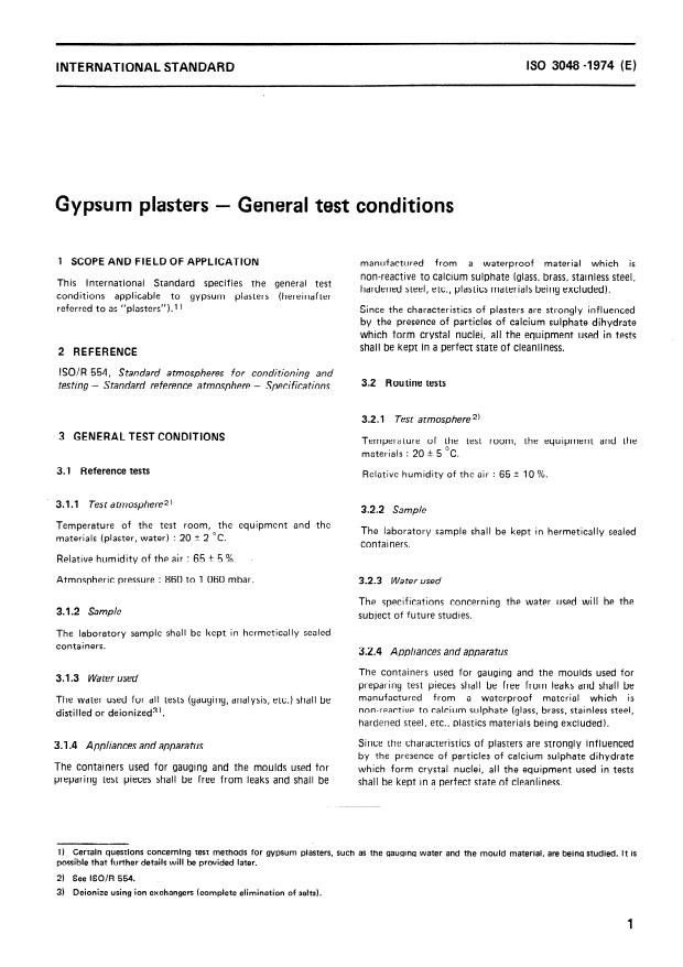 ISO 3048:1974 - Gypsum plasters -- General test conditions