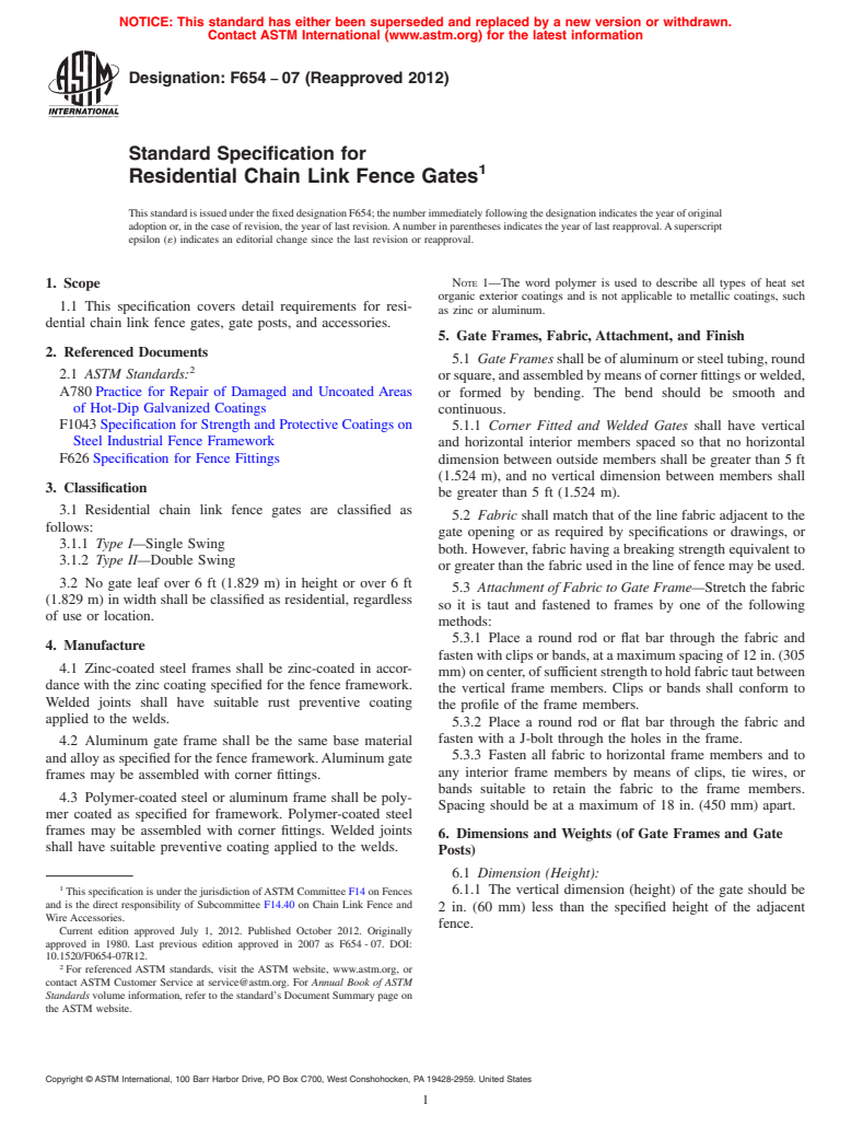 ASTM F654-07(2012) - Standard Specification for  Residential Chain Link Fence Gates