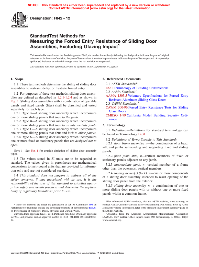 ASTM F842-12 - Standard Test Methods for  Measuring the Forced Entry Resistance of Sliding Door Assemblies, Excluding Glazing Impact