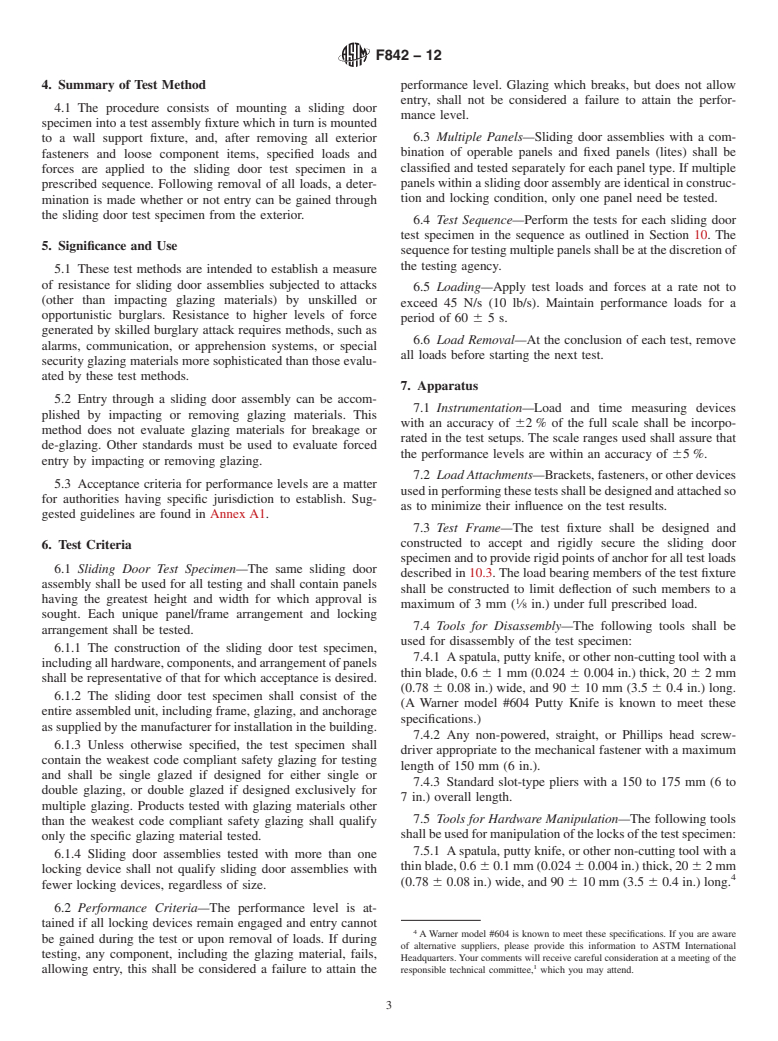 ASTM F842-12 - Standard Test Methods for  Measuring the Forced Entry Resistance of Sliding Door Assemblies, Excluding Glazing Impact