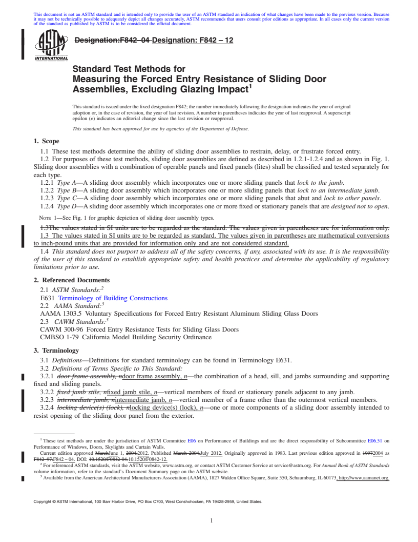 REDLINE ASTM F842-12 - Standard Test Methods for  Measuring the Forced Entry Resistance of Sliding Door Assemblies, Excluding Glazing Impact