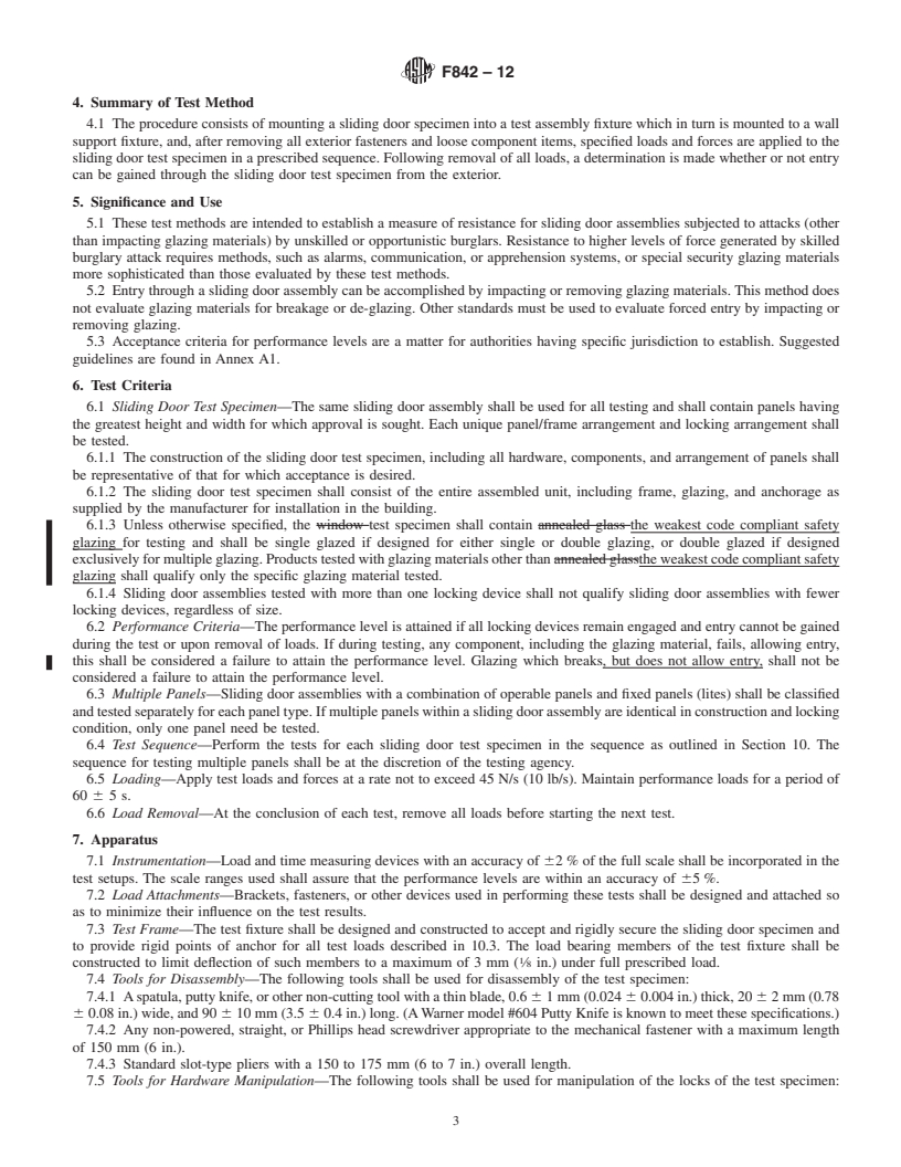 REDLINE ASTM F842-12 - Standard Test Methods for  Measuring the Forced Entry Resistance of Sliding Door Assemblies, Excluding Glazing Impact