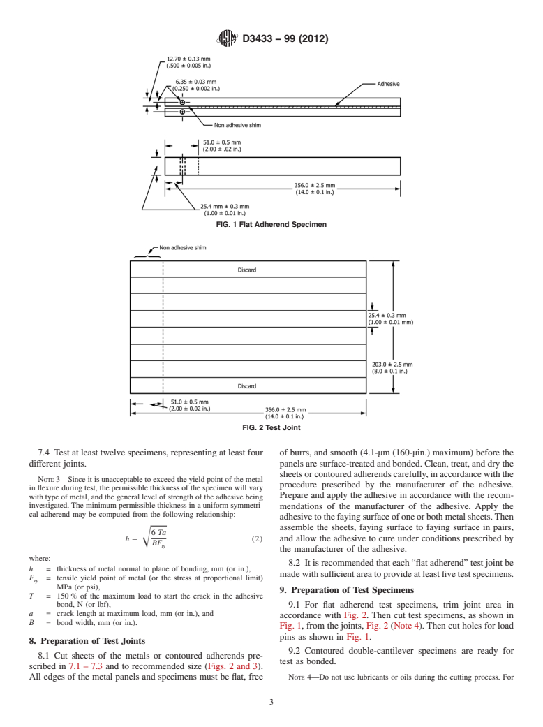 ASTM D3433-99(2012) - Standard Test Method for  Fracture Strength in Cleavage of Adhesives in Bonded Metal  Joints