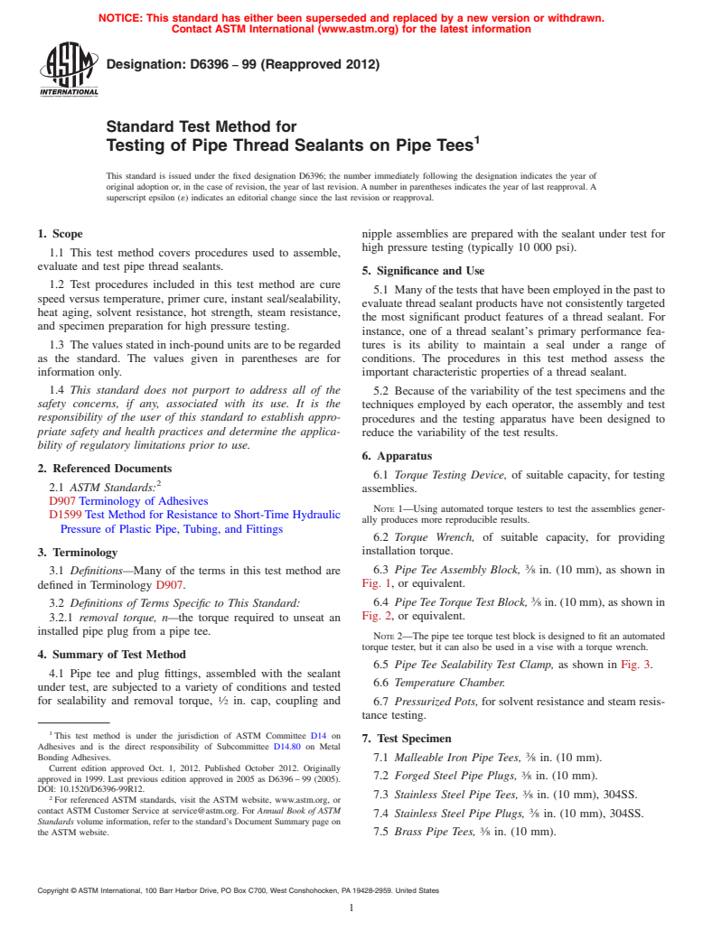 ASTM D6396-99(2012) - Standard Test Method for  Testing of Pipe Thread Sealants on Pipe Tees