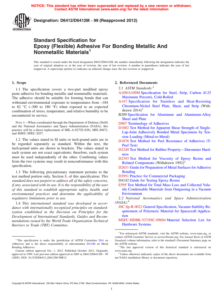 ASTM D6412/D6412M-99(2012) - Standard Specification For Epoxy (Flexible) Adhesive For Bonding Metallic And Nonmetallic Materials