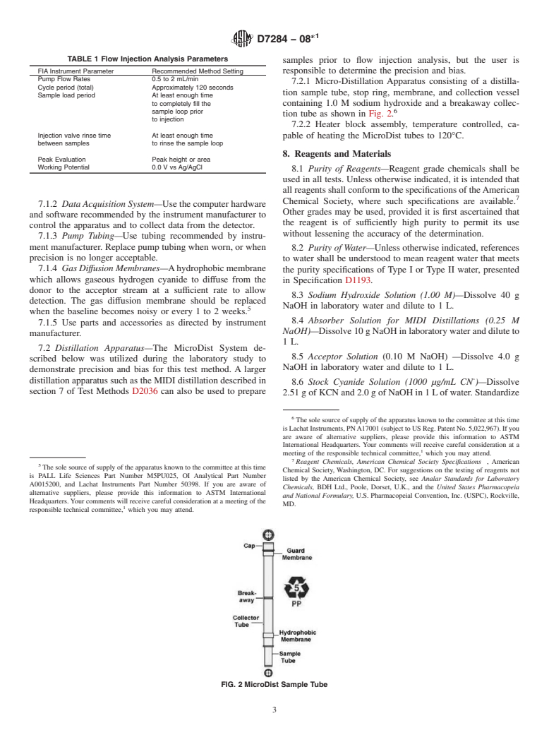 ASTM D7284-08e1 - Standard Test Method for  Total Cyanide in Water by Micro Distillation followed by Flow  Injection   Analysis with Gas Diffusion Separation and Amperometric  Detection