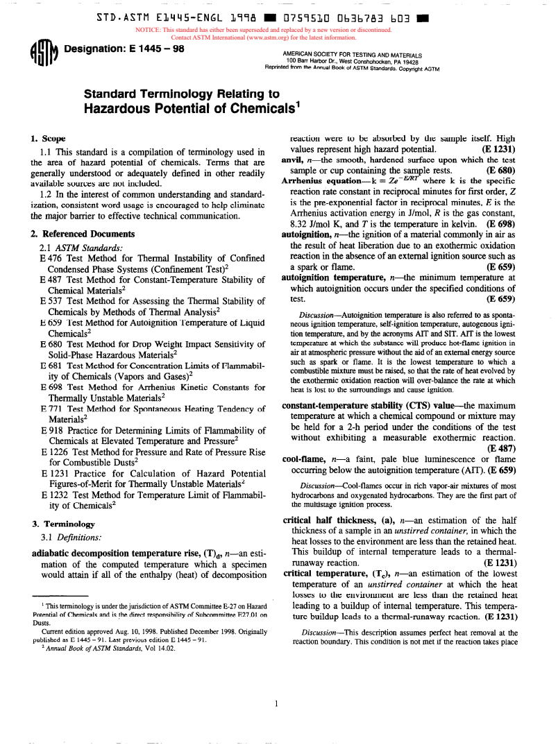 ASTM E1445-98 - Standard Terminology Relating to Hazardous Potential of Chemicals