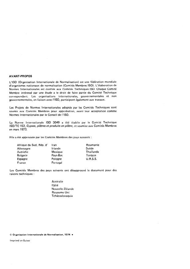 ISO 3049:1974 ISO 3049:1974 - Plâtres -- Détermination des caractéristiques physiques du produit en poudre - Page 2 preview