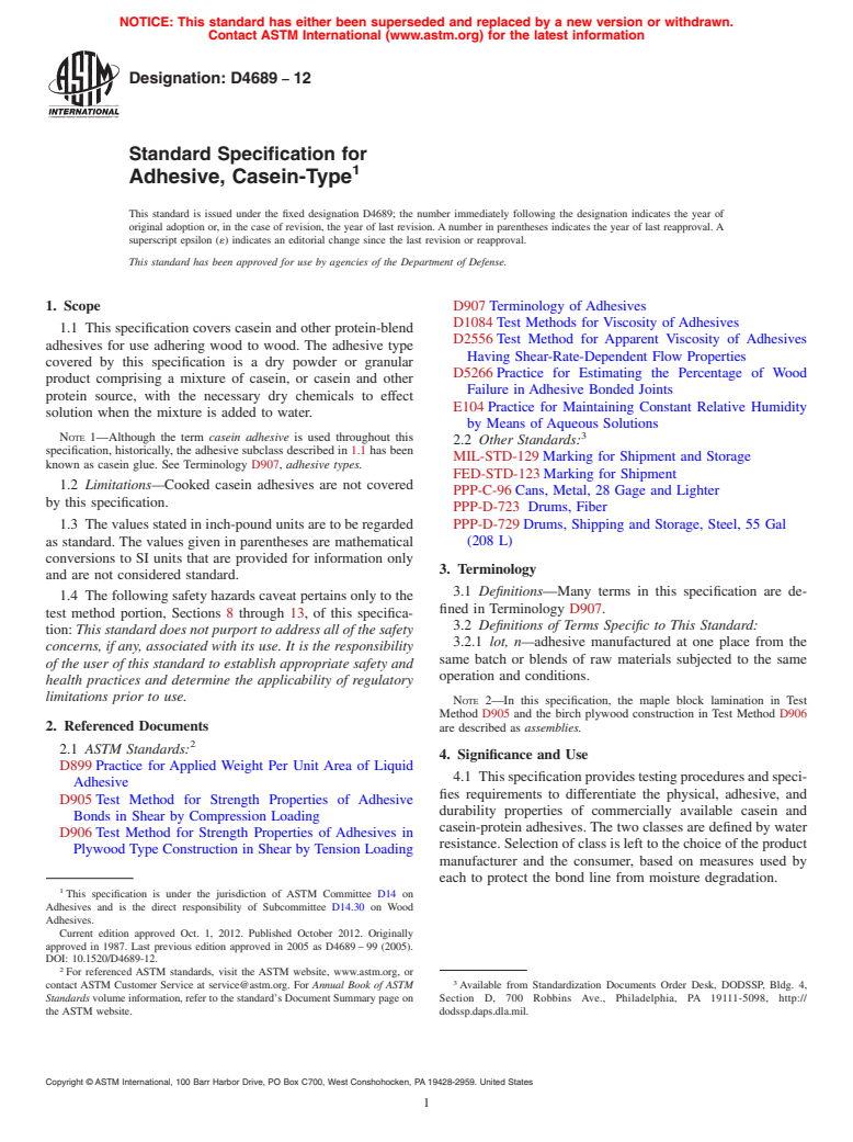 ASTM D4689-12 - Standard Specification for Adhesive, Casein-Type