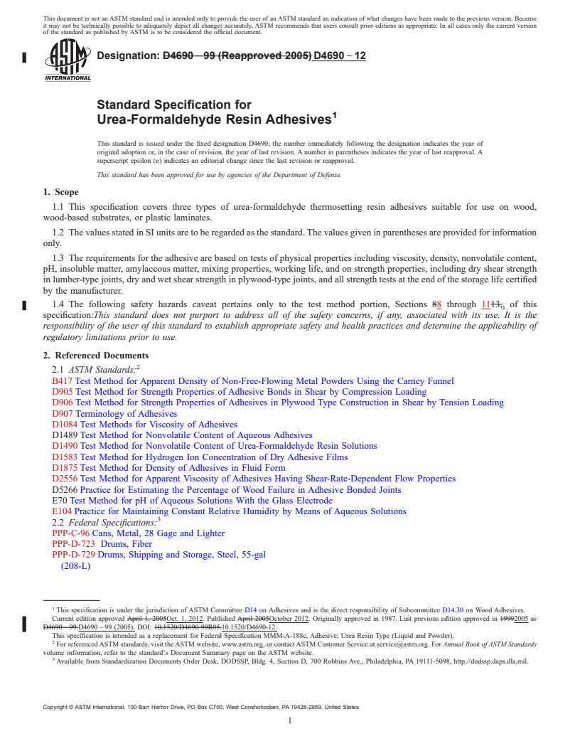 REDLINE ASTM D4690-12 - Standard Specification for  Urea-Formaldehyde Resin Adhesives