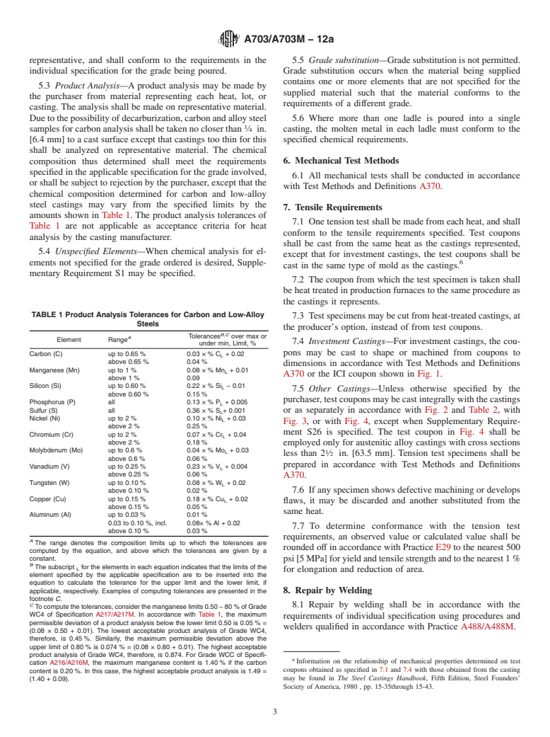 ASTM A703/A703M-12a - Standard Specification for  Steel Castings, General Requirements, for Pressure-Containing  Parts