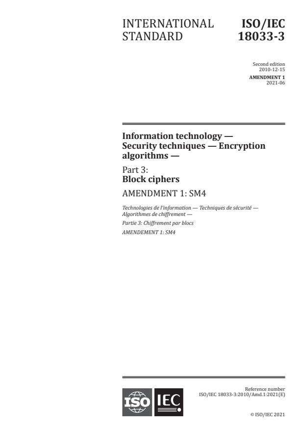 ISO/IEC 18033-3:2010/Amd 1:2021 - SM4