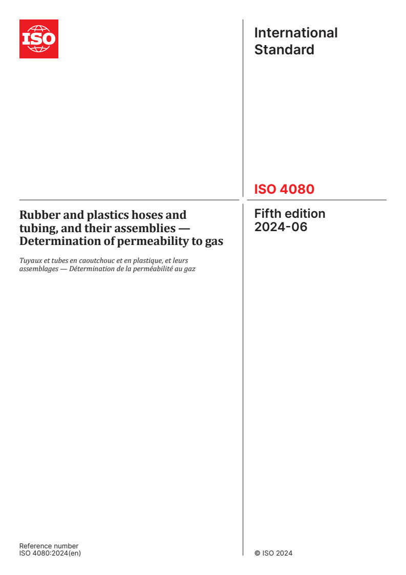 ISO 4080:2024 - Rubber and plastics hoses and tubing, and their assemblies — Determination of permeability to gas
Released:13. 06. 2024
