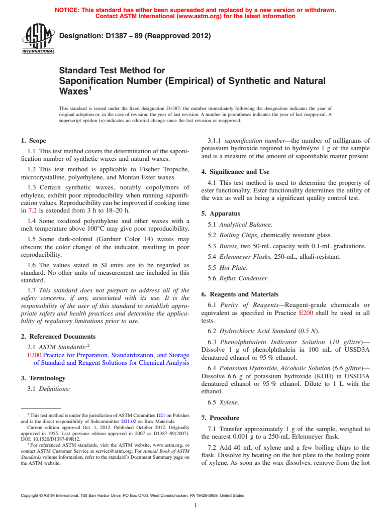 ASTM D1387-89(2012) - Standard Test Method for  Saponification Number (Empirical) of Synthetic and Natural  Waxes