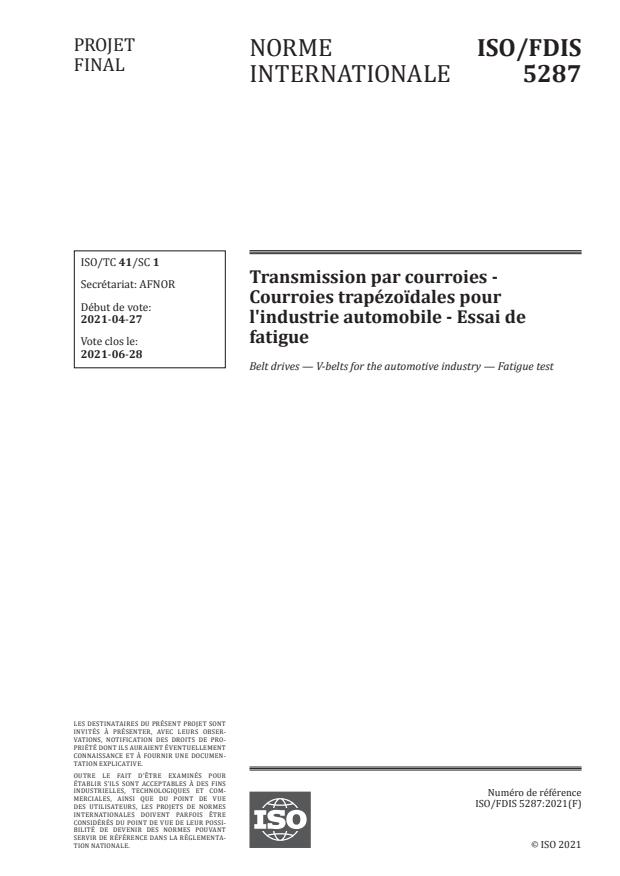ISO/FDIS 5287:Version 15-maj-2021 - Transmission par courroies - Courroies trapézoidales pour l'industrie automobile - Essai de fatigue