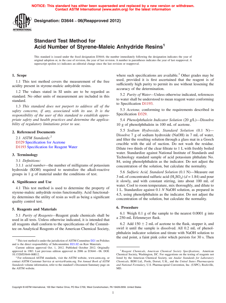 ASTM D3644-06(2012) - Standard Test Method for  Acid Number of Styrene-Maleic Anhydride Resins