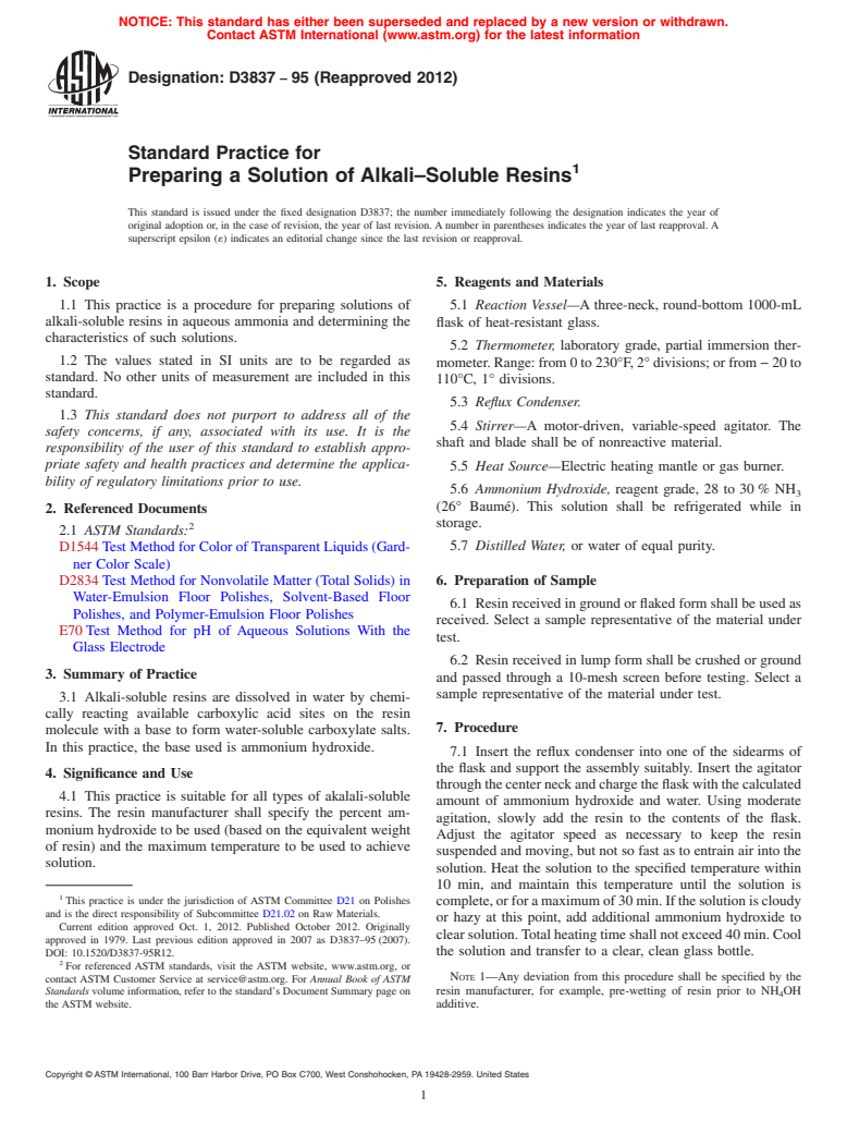 ASTM D3837-95(2012) - Standard Practice for  Preparing a Solution of Alkali&ndash;Soluble Resins