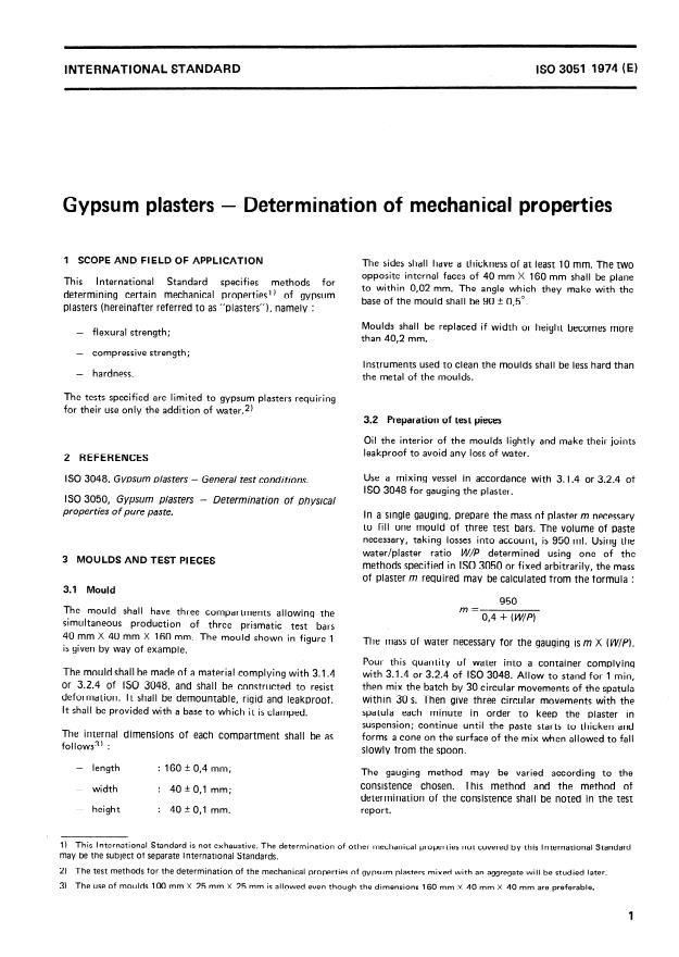 ISO 3051:1974 - Gypsum plasters -- Determination of mechanical properties