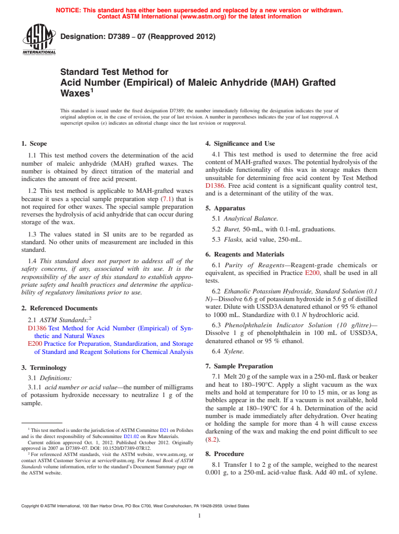 ASTM D7389-07(2012) - Standard Test Method for  Acid Number (Empirical) of Maleic Anhydride (MAH) Grafted Waxes