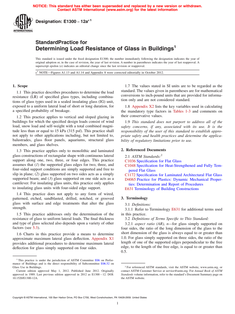 ASTM E1300-12ae1 - Standard Practice for  Determining Load Resistance of Glass in Buildings