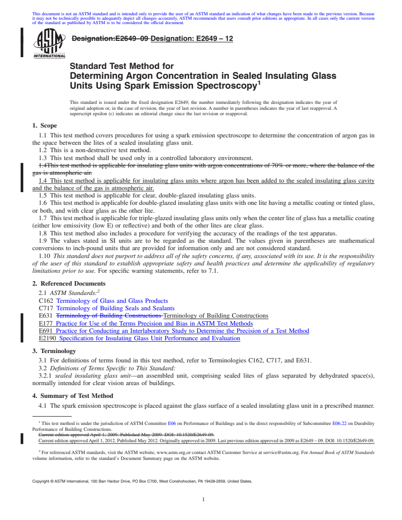 REDLINE ASTM E2649-12 - Standard Test Method for Determining Argon Concentration in Sealed Insulating Glass Units Using Spark Emission Spectroscopy