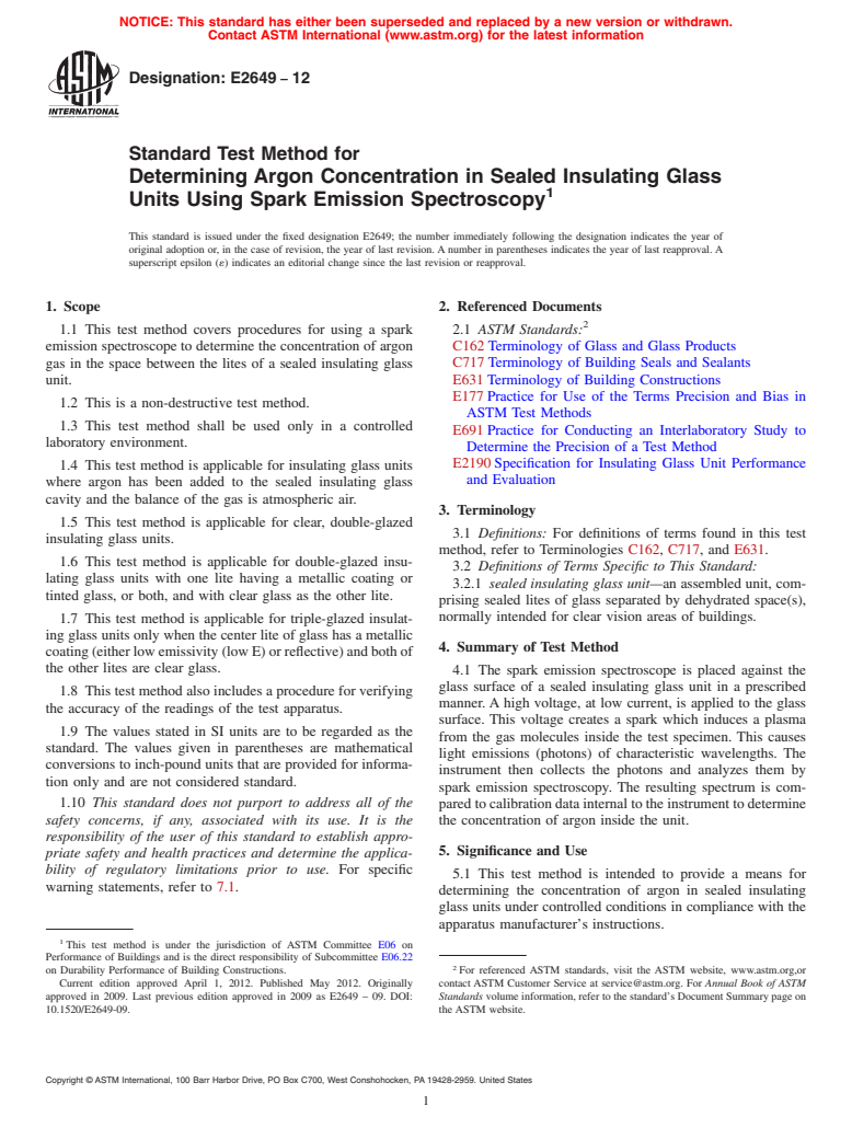 ASTM E2649-12 - Standard Test Method for Determining Argon Concentration in Sealed Insulating Glass Units Using Spark Emission Spectroscopy