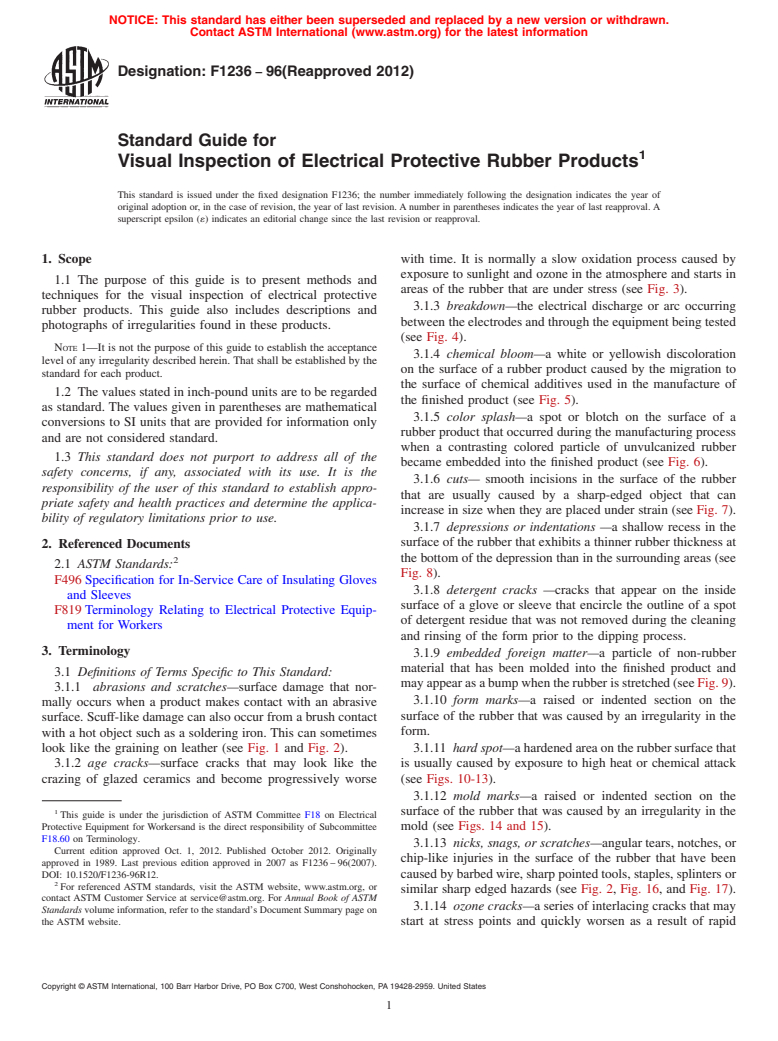 ASTM F1236-96(2012) - Standard Guide for  Visual Inspection of Electrical Protective Rubber Products