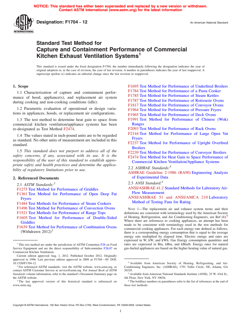 ASTM F1704-12 - Standard Test Method for  Capture and Containment Performance of Commercial Kitchen Exhaust Ventilation Systems