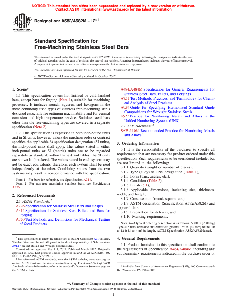 ASTM A582/A582M-12e1 - Standard Specification for Free-Machining Stainless Steel Bars