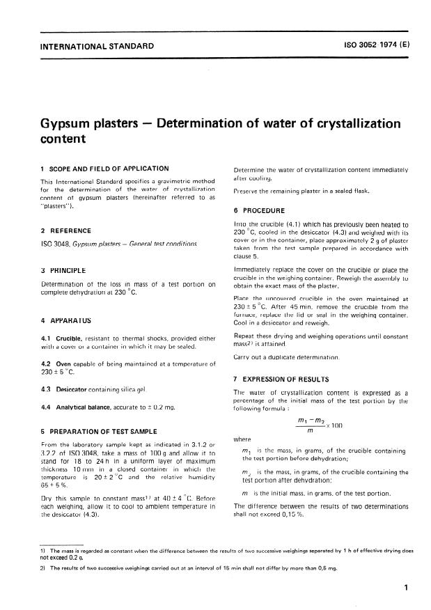ISO 3052:1974 - Gypsum plasters -- Determination of water of crystallization content