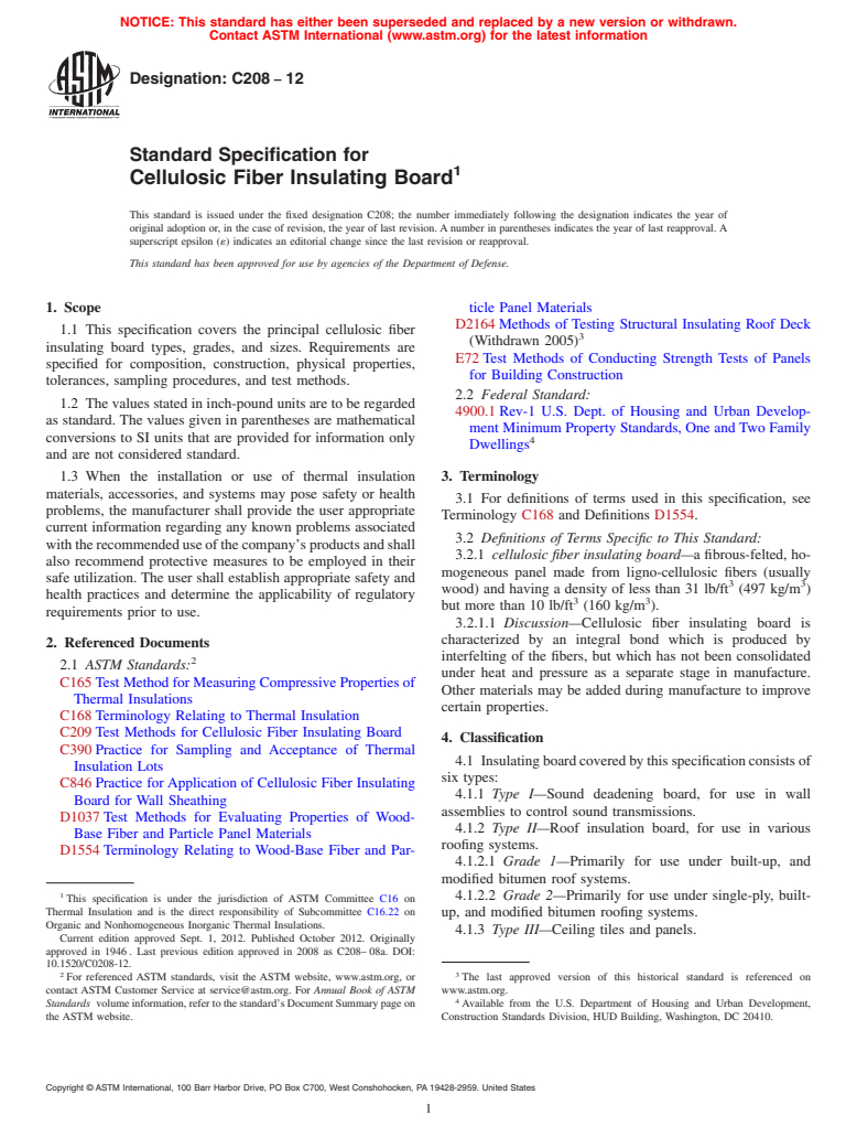 ASTM C208-12 - Standard Specification for  Cellulosic Fiber Insulating Board