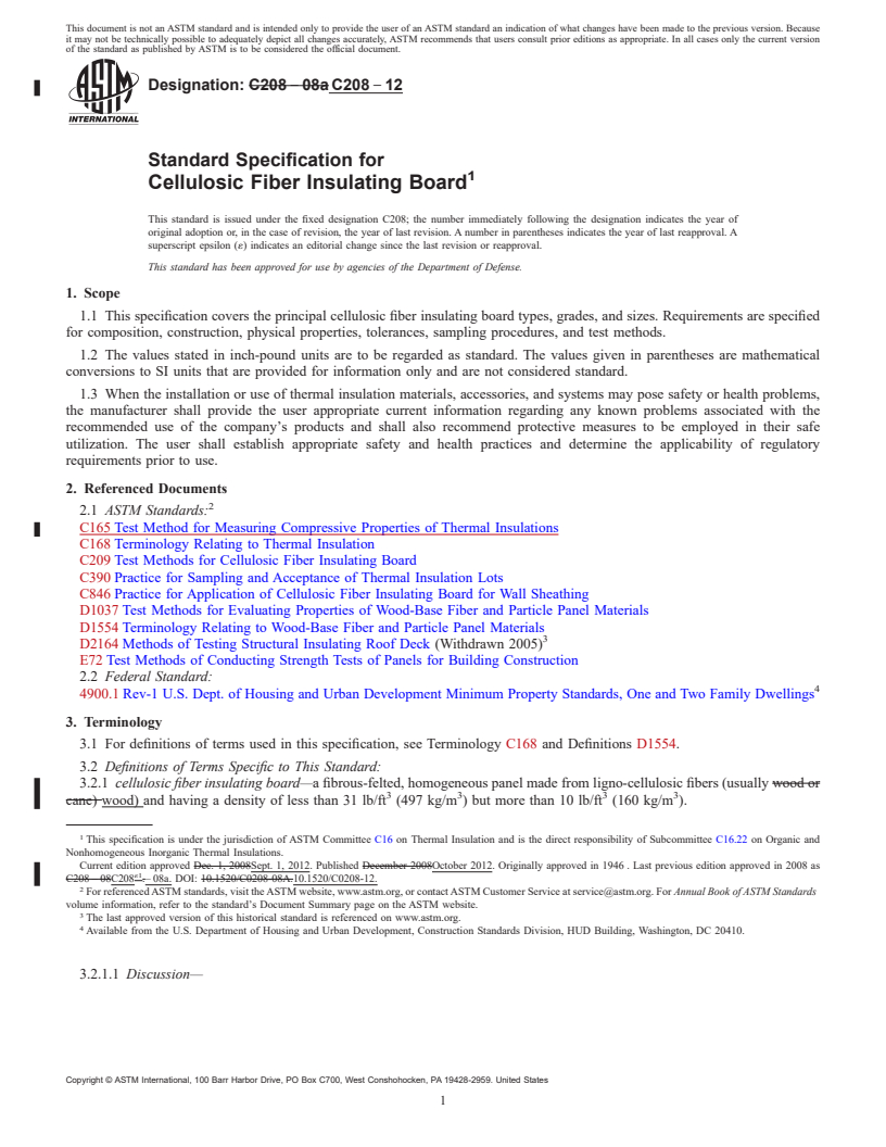 REDLINE ASTM C208-12 - Standard Specification for  Cellulosic Fiber Insulating Board