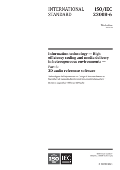 ISO/IEC 23008-6:2021 - Information technology — High efficiency coding and media delivery in heterogeneous environments — Part 6: 3D audio reference software
Released:10/15/2021 - Page 1 preview