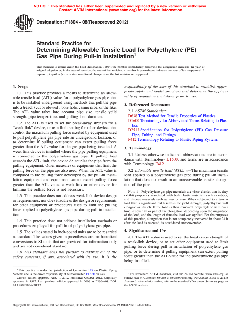 ASTM F1804-08(2012) - Standard Practice for  Determining Allowable Tensile Load for Polyethylene (PE) Gas   Pipe During Pull-In Installation