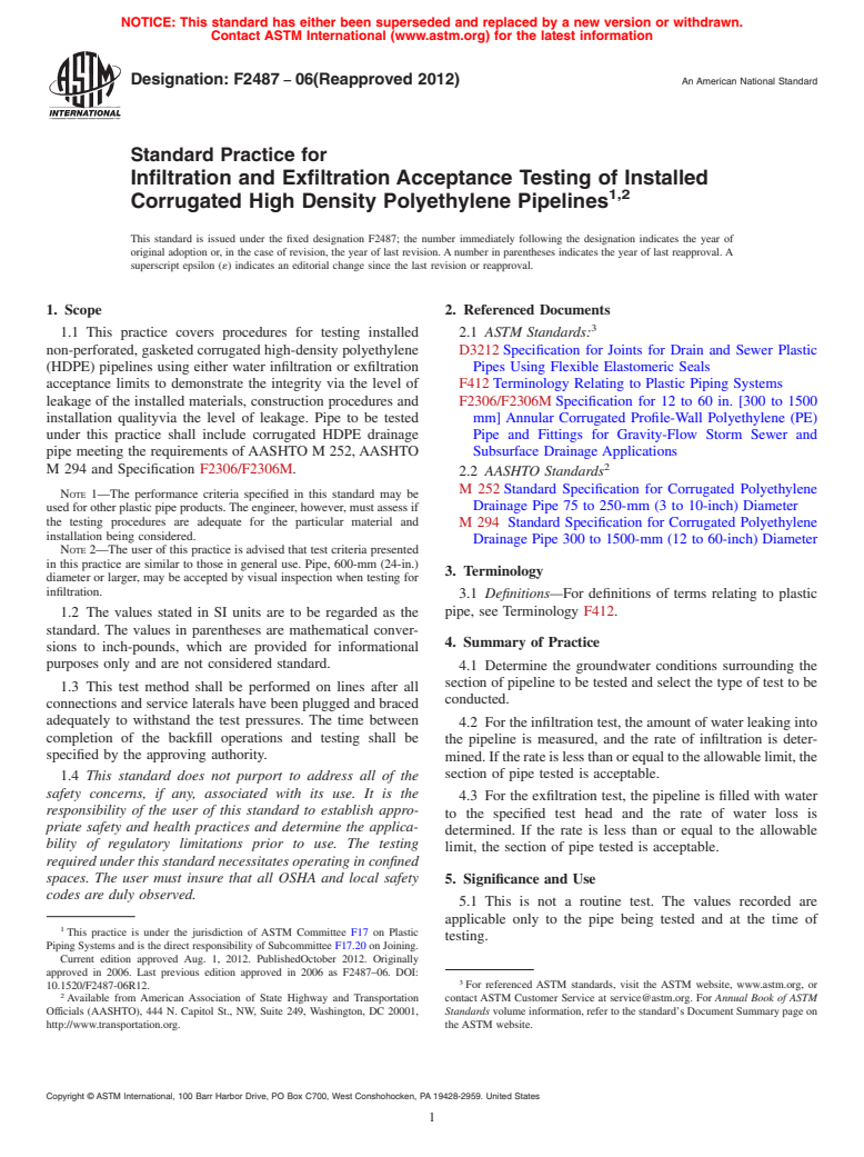 ASTM F2487-06(2012) - Standard Practice for  Infiltration and Exfiltration Acceptance Testing of Installed  Corrugated   High Density Polyethylene Pipelines