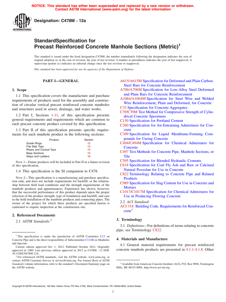 ASTM C478M-12a - Standard Specification for Precast Reinforced Concrete Manhole Sections (Metric)