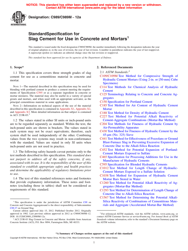 ASTM C989/C989M-12a - Standard Specification for Slag Cement for Use in Concrete and Mortars