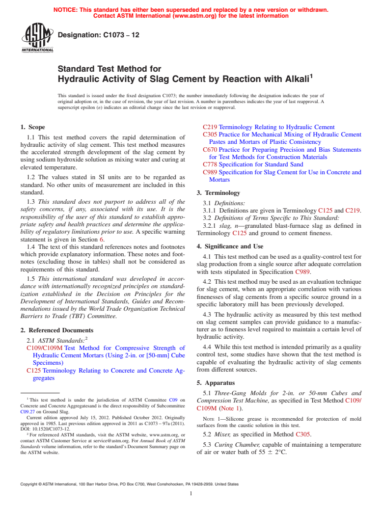 ASTM C1073-12 - Standard Test Method for  Hydraulic Activity of Slag Cement by Reaction with Alkali
