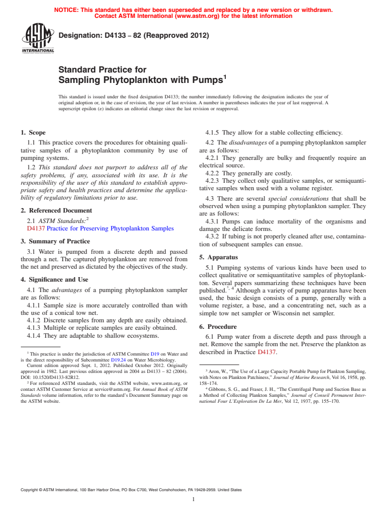 ASTM D4133-82(2012) - Standard Practice for  Sampling Phytoplankton with Pumps (Withdrawn 2020)