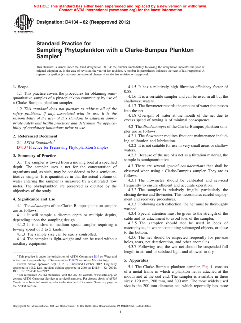 ASTM D4134-82(2012) - Standard Practice for  Sampling Phytoplankton with a Clarke-Bumpus Plankton Sampler (Withdrawn 2020)