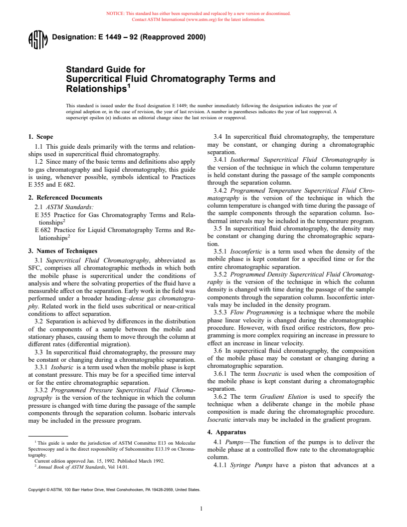 ASTM E1449-92(2000) - Standard Guide for Supercritical Fluid Chromatography Terms and Relationships