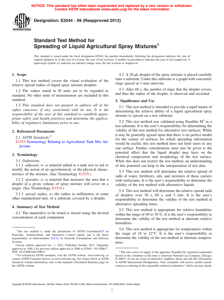 ASTM E2044-99(2012) - Standard Test Method for  Spreading of Liquid Agricultural Spray Mixtures