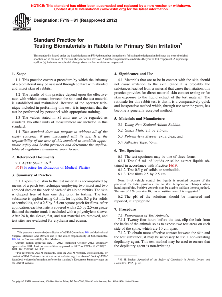 ASTM F719-81(2012) - Standard Practice for  Testing Biomaterials in Rabbits for Primary Skin Irritation