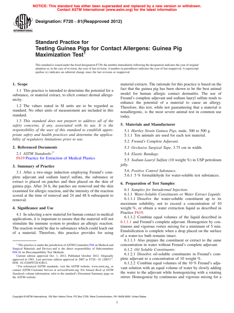 ASTM F720-81(2012) - Standard Practice for  Testing Guinea Pigs for Contact Allergens: Guinea Pig Maximization  Test