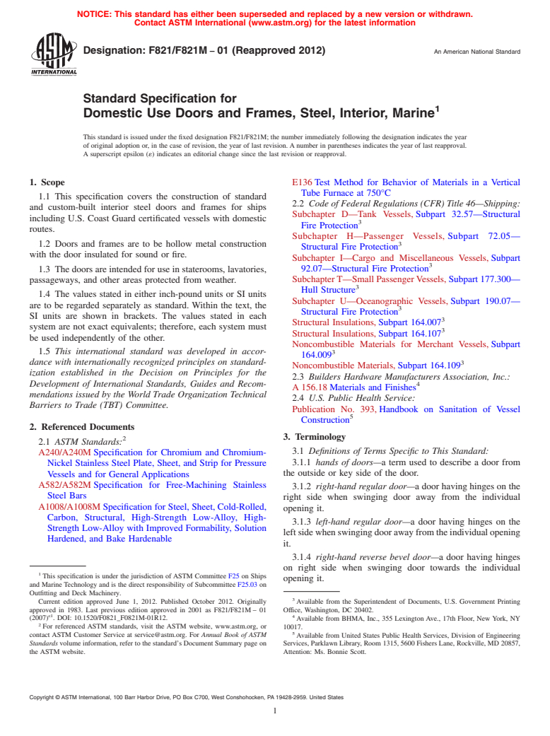 ASTM F821/F821M-01(2012) - Standard Specification for  Domestic Use Doors and Frames, Steel, Interior, Marine