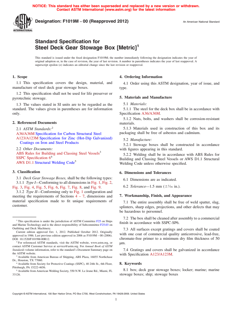 ASTM F1019M-00(2012) - Standard Specification for  Steel Deck Gear Stowage Box [Metric]