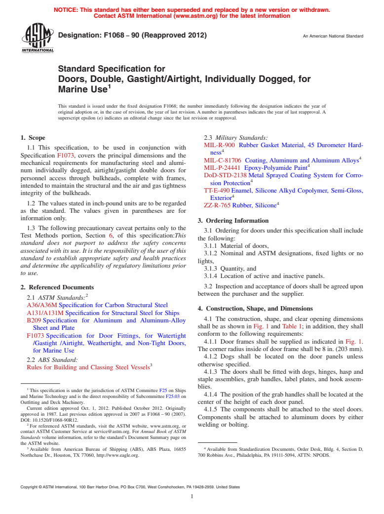 ASTM F1068-90(2012) - Standard Specification for  Doors, Double, Gastight/Airtight, Individually Dogged, for   Marine Use